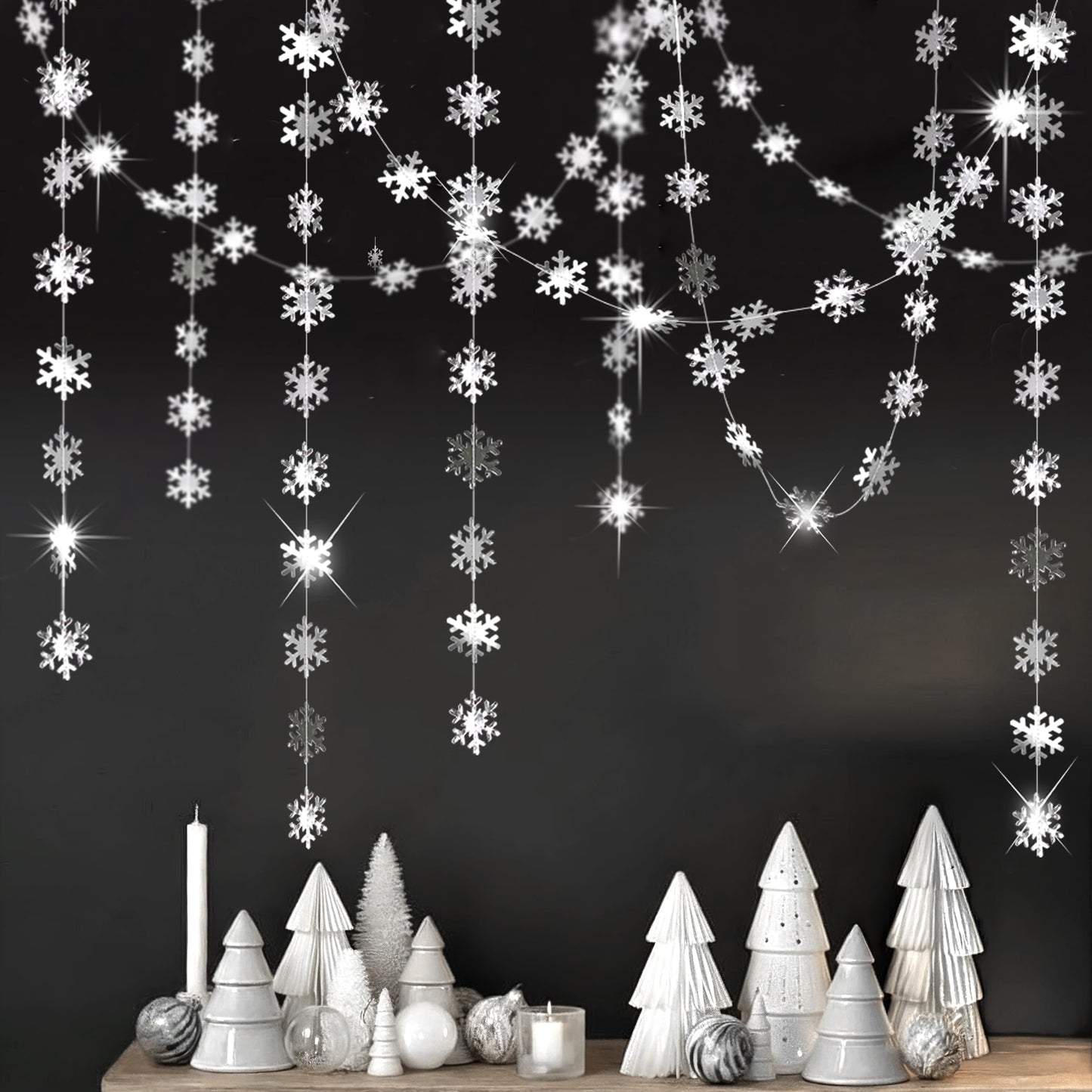 Cheerland Clearance Winter Wonderland Silver Snowflakes Decorations Hanging Christmas Garland for Onederland New Year Office Dorm Hanukkah Holiday Bridal Shower Winter Ceiling Decor Xmas Backdrop