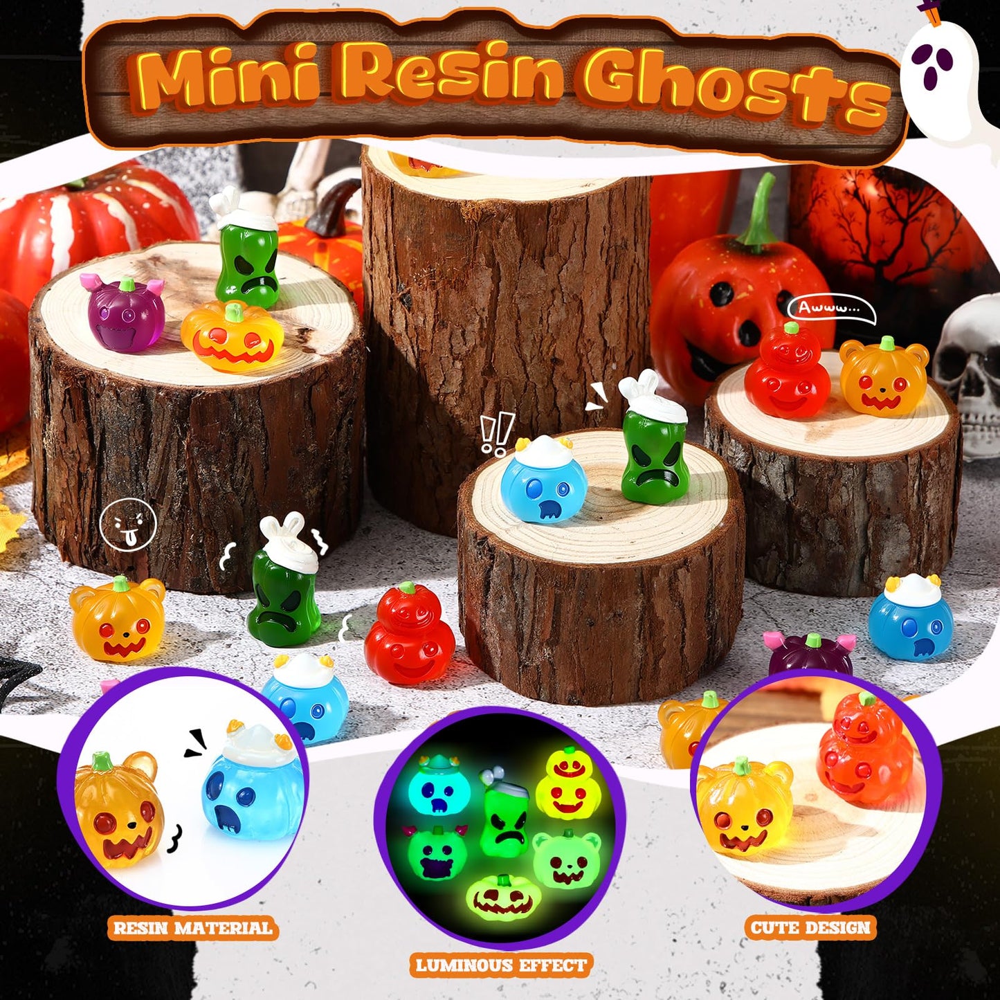 Seenelling 72 Pcs Halloween Mini Pumpkins Ghost Figures Luminous Small Resin Pumpkin Cute Miniature Ghost Ornament Glow in Dark for Halloween Garden Decoration Crafts
