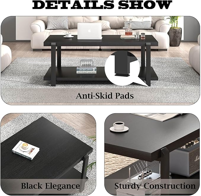 FOLUBAN Black Coffee Table, Modern Rustic Wood Center Table