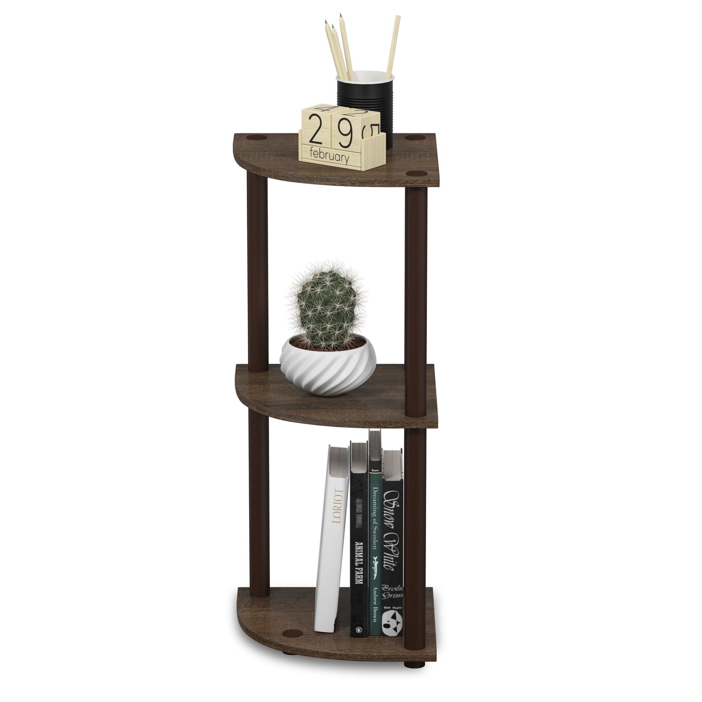 Furinno TURN-N-TUBE Corner Shelf, 3-Tier Corner Bookshelf, Display Storage Shelves with Open Shelves, for Organization and Storage, Living Room, Home Office, Garage, Walnut