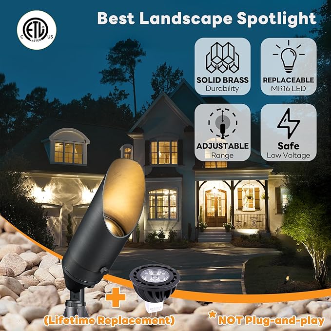 Gardenreet Low Voltage Spotlight - Outdoor Light Fixture 12V AC/DC, Brass Landscape Lights LED Hardwired, Weather Proof Bronze for Flag Wreath with Neutral White MR16 Removable Bulbs (10 Pack)