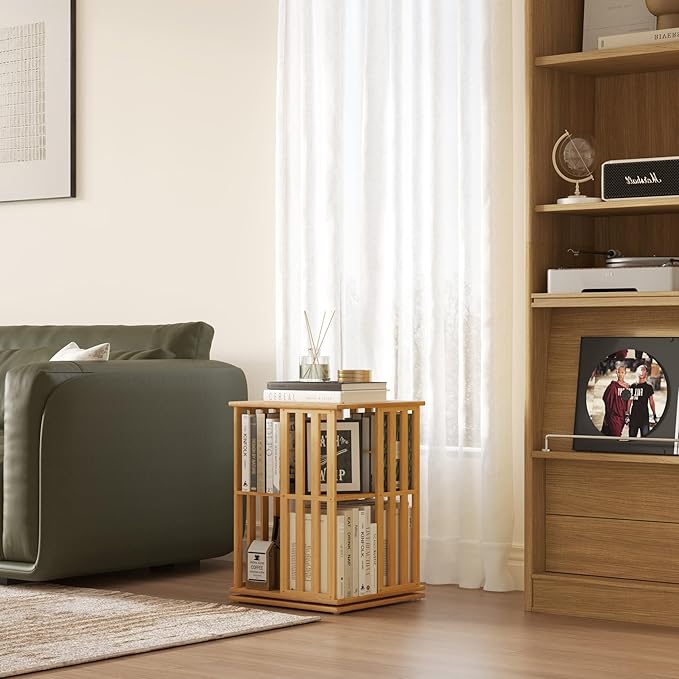 YOWOS Rotating Bookshelf Tower, 360° Display Spinning Bookcase, Bamboo