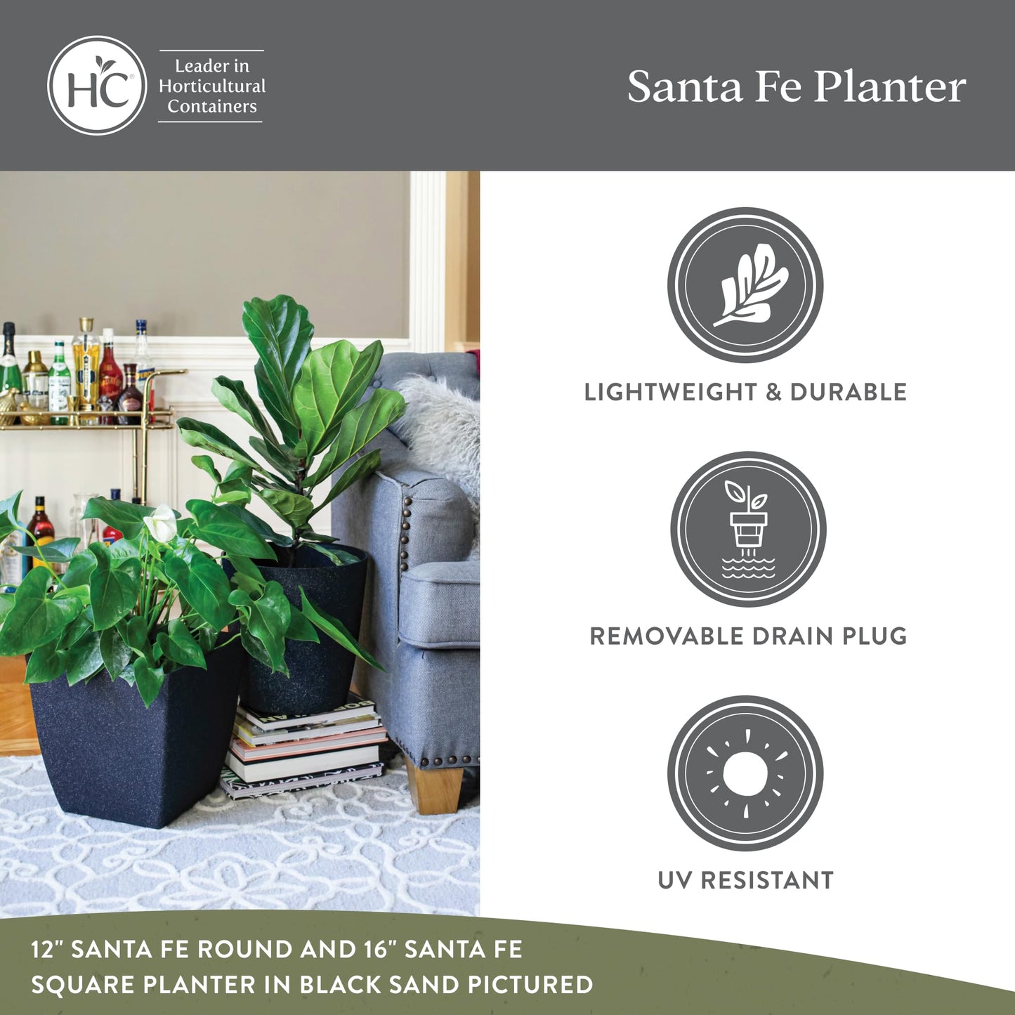 The HC Companies Santa Fe Square Self-Watering Pot - Lightweight Plastic Planter for Herbs & More - Durable Plant Pots for Indoor Plants & Outdoor Plants (12" Black Sand, Pack 2)