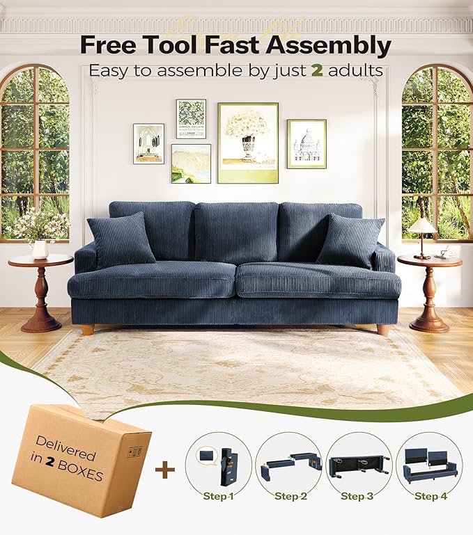 Kidirect 87in Corduroy Couch, Sofa No Tool Assembly, Comfy Couches