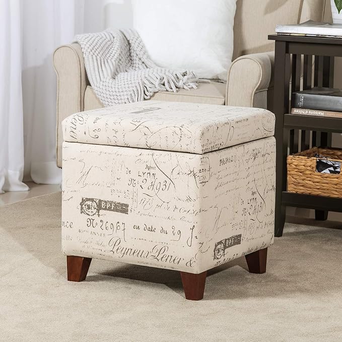 Adeco Fabric Script Pattern Cube Storage Footstool, Hinged Lid, Solid Wood Legs