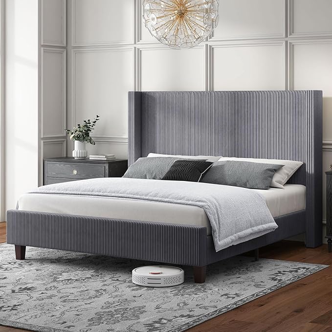 HOWE King Size Bed Frame with 50.8" Tall Wingback Headboard, Modern Corduroy