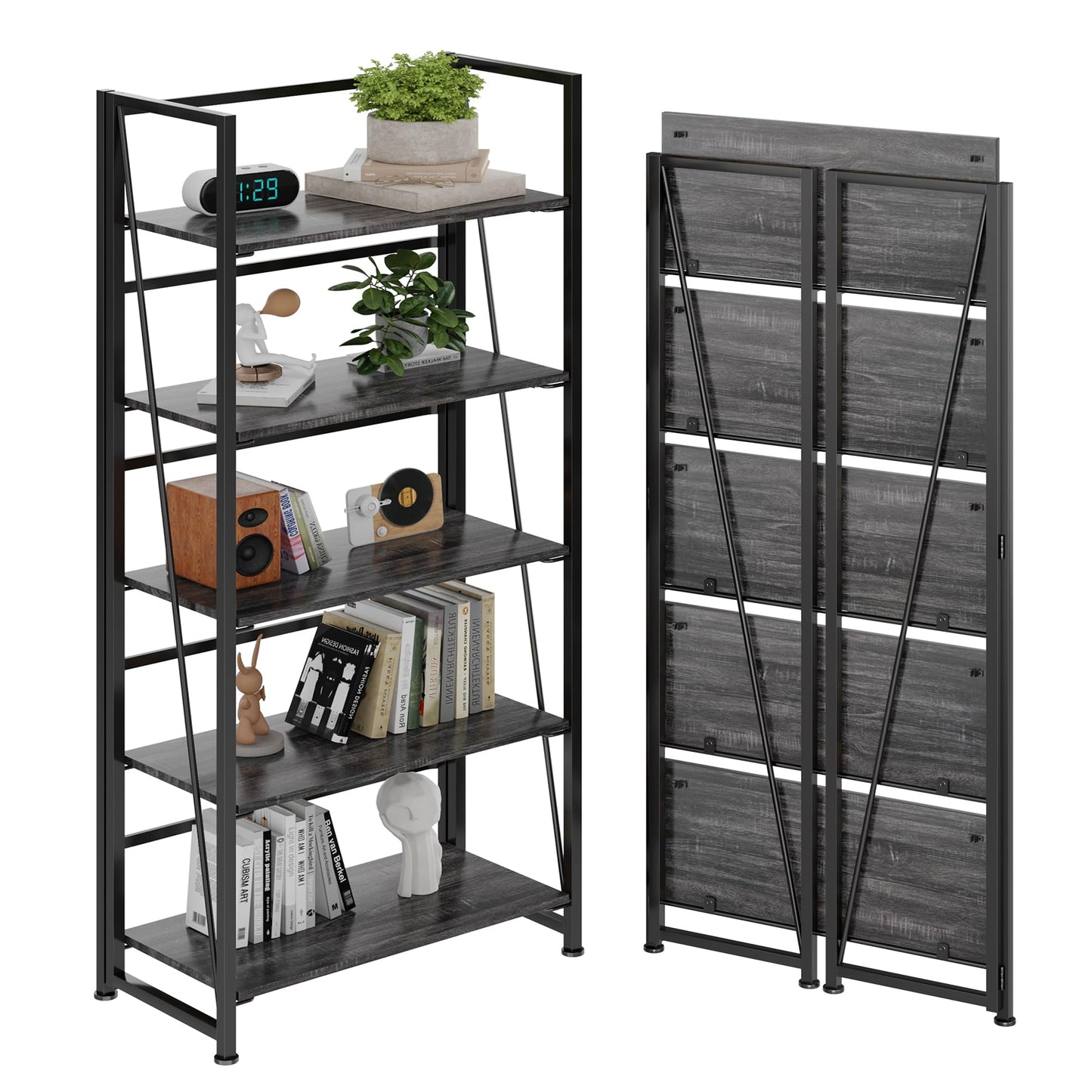 BHG Vintage Multifunctional Folding Bookshelf, No-Assembly Plant Stand Storage Rack Shelves for Home Office (Gray, 5-Tier)