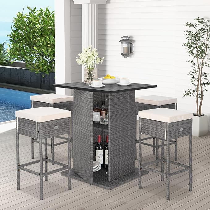 Tangkula 5 Piece Outdoor Rattan Bar Set, Patio Bar Furniture