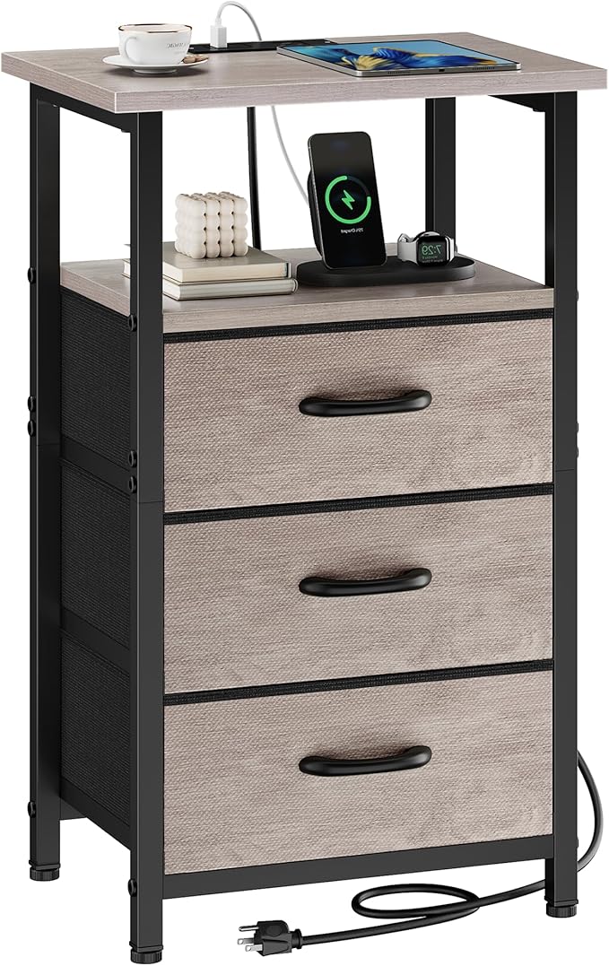 Vagusicc Nightstand with Charging Station, Bedside Table with USB Ports and