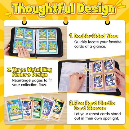Card Binder – 4 Pocket Zipper Collection Album, Premium PU Holder, Double-Sided Display for 400 Cards, Includes 5 Hard Plastic Sleeves for Game Cards, Sports Cards（Lightning）