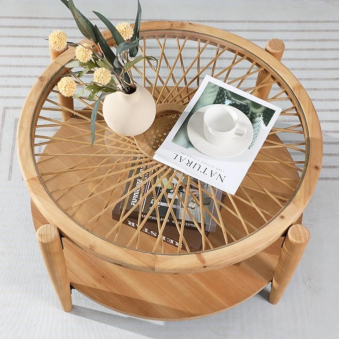 RUSTOWN Rattan Coffee Tables, 2-Tier Round Boho Cocktail Tables, Mid Century