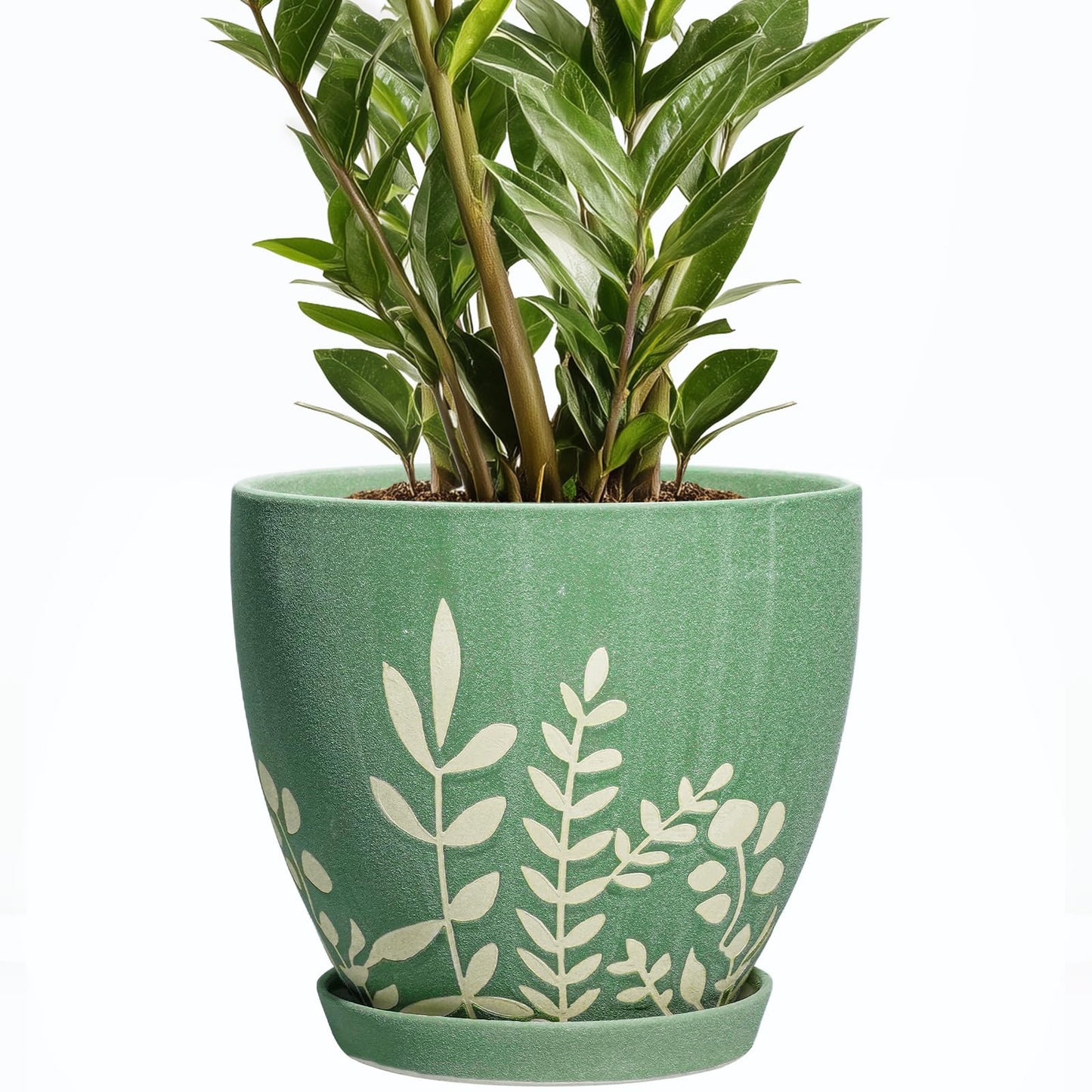 EPFamily 8 Inch Indoor Plant Pot with Drainage and Saucer - Ceramic Planter for Indoor Outdoor Plants, Decorative Flower Pot, Desk Home Office Garden Decor, Plant Lovers Gifts, Green