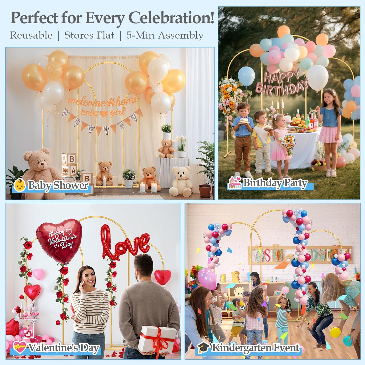 Antizz Arch Backdrop Stand,7.2FT, 6.6FT, 6FT Set of 3 Metal Gold Balloon Arch Stand Kit Wedding Arch Stand for Baby Shower Birthday Party Event Decoration Garden Floral Balloon Arch with Base