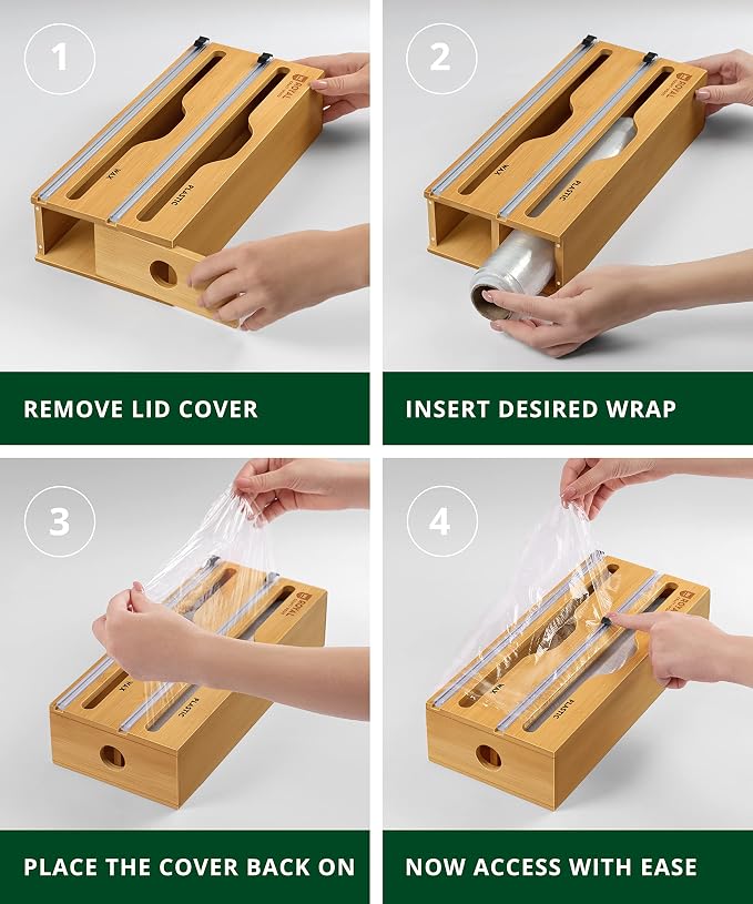 ROYAL CRAFT WOOD Bamboo Kitchen Foil and Plastic Wrap Organizer for Drawer with Cutter 2-Slots