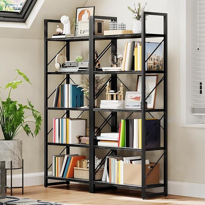 DWVO 5 Tier Bookshelf, Industrial Bookshelves Open Shelf Bookcase, Storage