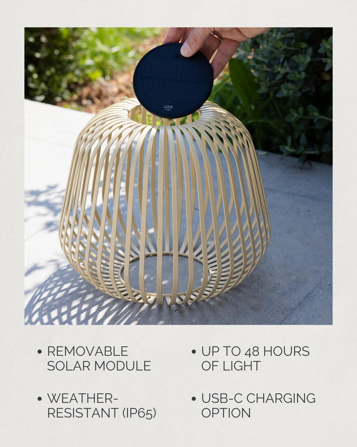 LUUK Studio Solis Wireless Solar LED Ambient Lamp, Warm White, Indoor Outdoor Cordless Lighting, Rust-Resistant, Ideal for Patio, Garden, Bedroom, USB-C Rechargeable, Soft Cozy Style, Sand, Size M