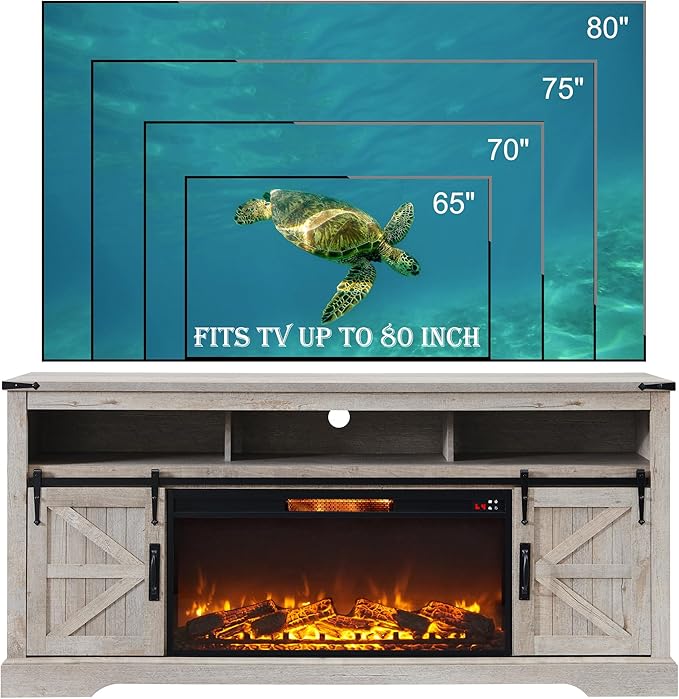 OKD Fireplace TV Stand for 80 Inch TV, Rustic Media Console w/Sliding Barn Door