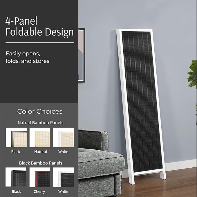 Roundhill Furniture Inkwell 4-Panel Bamboo Room Divider, Folding Portable