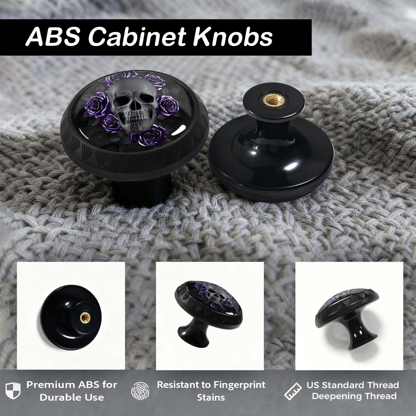 Artinhand 4 Pack Gothic Black Skull Purple Roses Cabinet Knobs for Kitchen