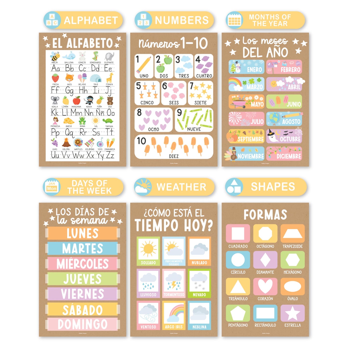 Hadley Designs Spanish Posters for Classroom - 12 Bilingual Educational Posters for Spanish Classroom Decorations Must Haves, Calendario y Alfabeto en Español Para la Pared, Kraft Teacher Supplies