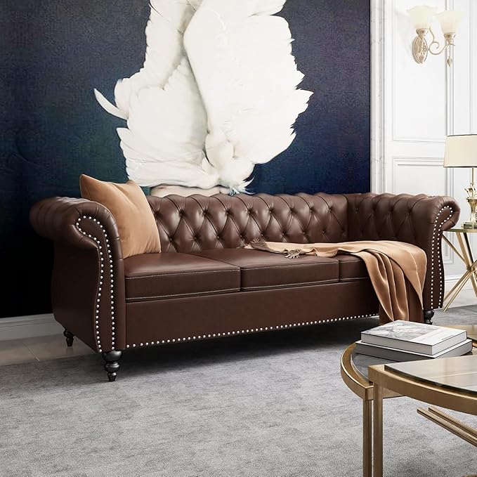Mid-Century 3 Seater Sofa, Faux Leather Couch
