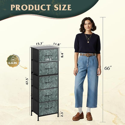 WLIVE Fabric Dresser, 5-Drawer Tall Dressers for Bedroom, Storage Dresser Organizer with Fabric Bins, Wood Top, Sturdy Steel Frame, Chest of Drawers for Closet, Hallway, Vintage Green
