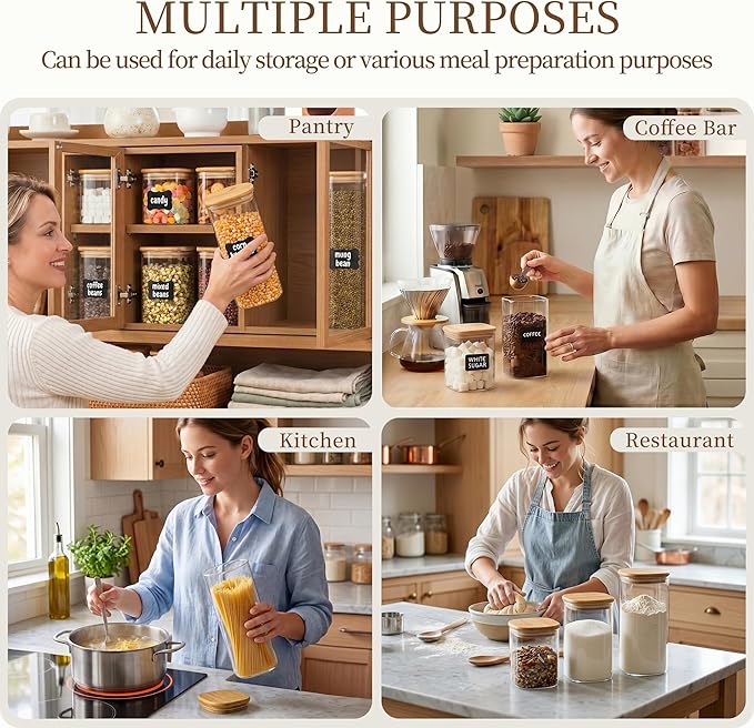 SENTVEND 24 Oz Glass Storage Jars with Bamboo Lids - 6 Pack Clear Glass Canisters Square Airtight Stackable Ideal for Pantry Storage Containers Organizers Great for Storing Oats Coffee Beans Nuts etc