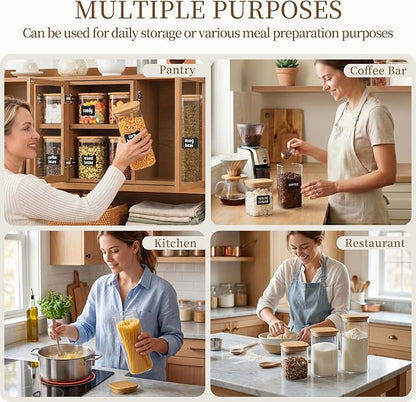 SENTVEND 37 Oz Glass Storage Jars with Bamboo Lids - 6 Pack Clear Glass Canisters Square Airtight Stackable Ideal for Pantry Storage Containers Organizers Great for Storing Oats Coffee Beans Nuts etc