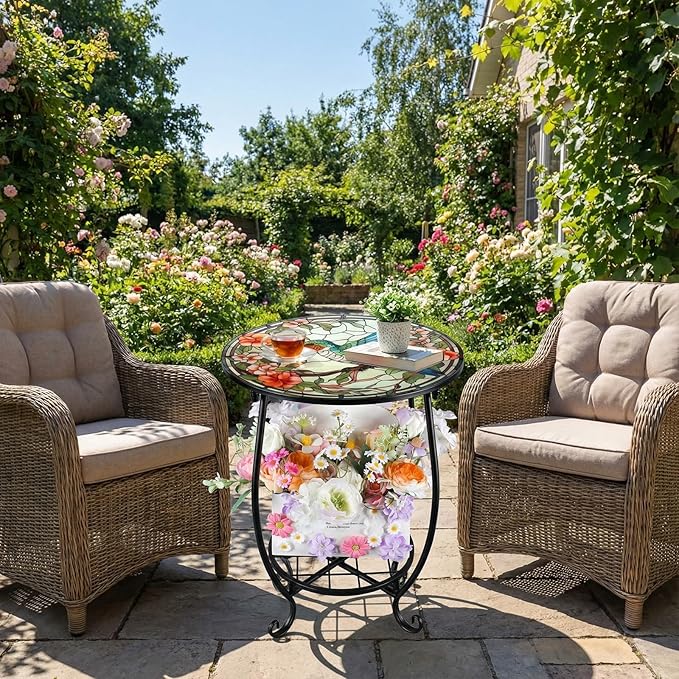 Cinnvoice Outdoor Side Table Round Small Mosaic Patio Accent Indoor End Plant