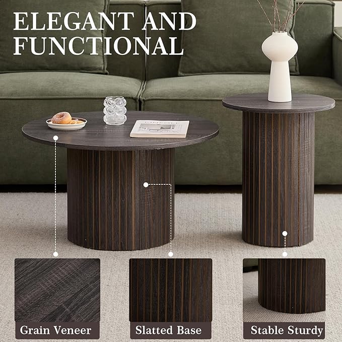 Round Nesting Coffee Table Set of 2 Mid Century Modern Wood Round Coffee Tables
