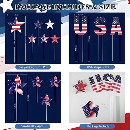 Nalanzhou 13Pcs 4th of July Outdoor Decoration Garden Stakes, 250th Patriotic Plastic USA Shape Yard Signs, Red White Blue Star Planter Stakes Pinwheels for Independence Day Memorial Day Anniversary