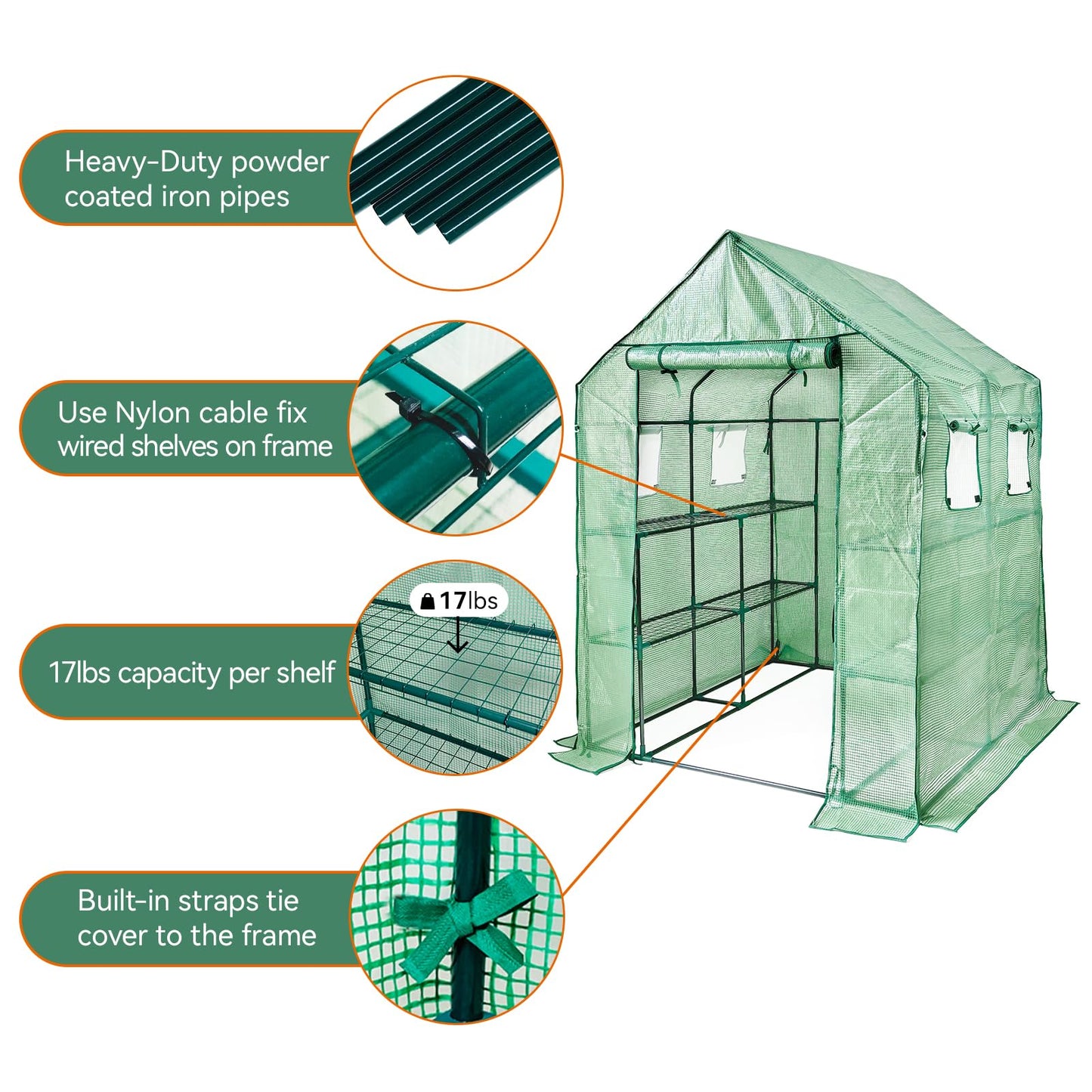 Walk in Greenhouse with Shelves,Plastic Growhouse Frame for Garden,12 Tiers Green House with Reinforced PE Cover and 4 Windows,56" L x 56" W x 77" H,for Indoor Outdoor Seeding and Plant Growing