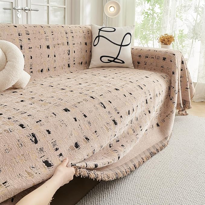 DREAMINGO Abstract Chenille Couch Cover Blanket Coffee Black Boho Sofa Cover