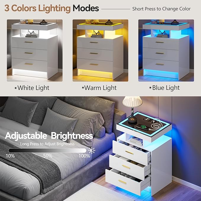 White Night Stand Set 2 with Wireless Charging Station, Smart Bedside Table