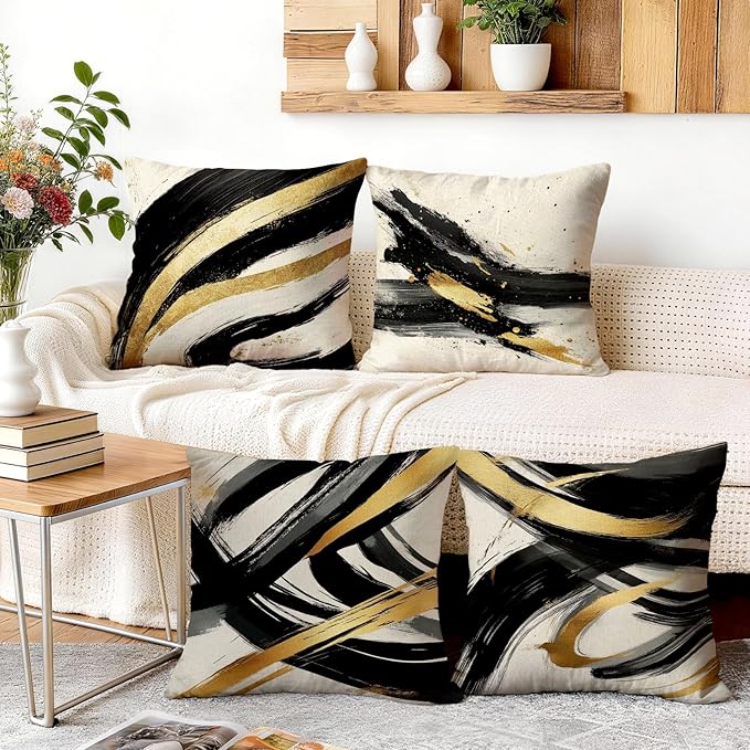 OBSEDE Abstract Black Gold Ink Brush Strokes Throw Pillow Covers 18 × 18 in