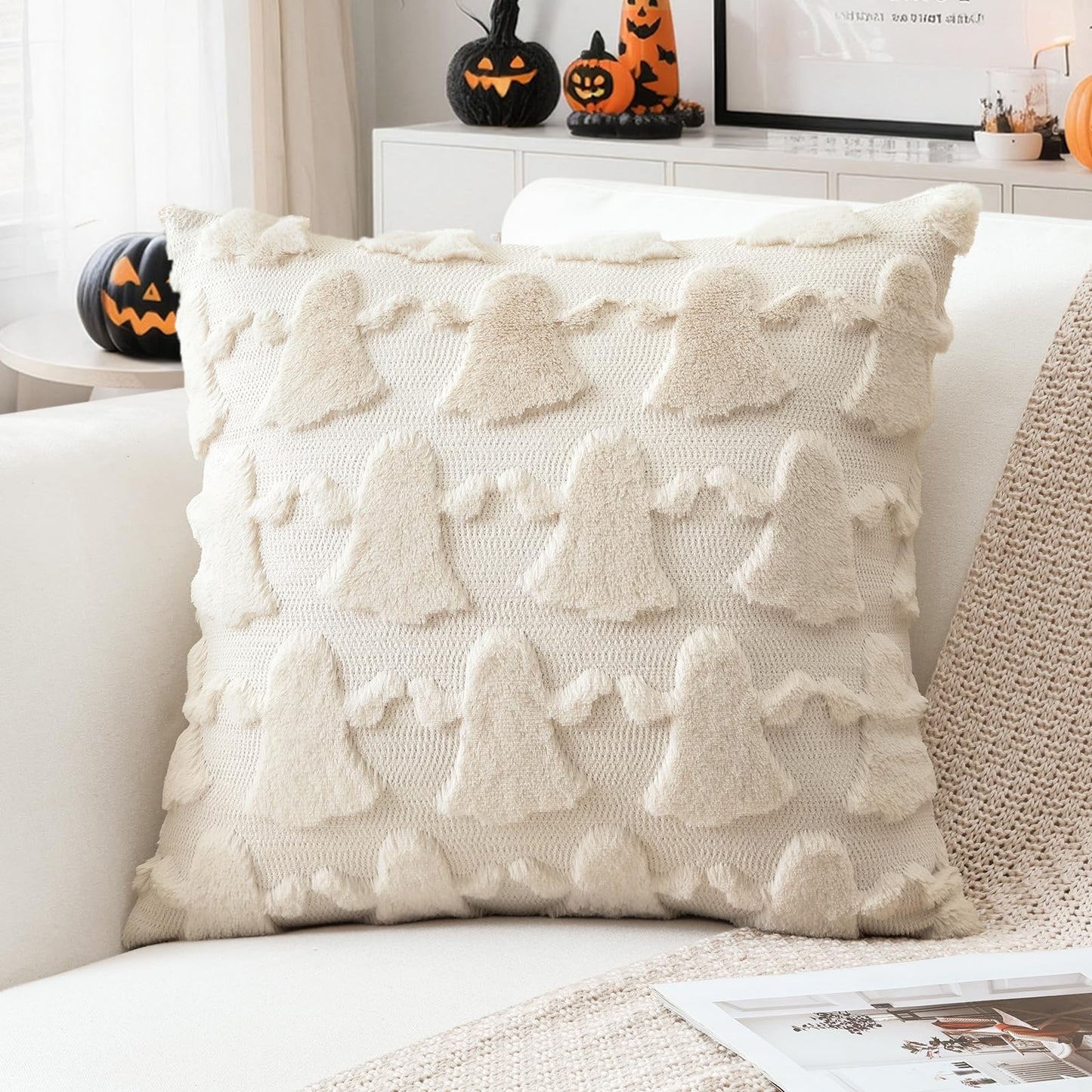 OTOSTAR Set of 1 Ghost Pillow Cover Halloween Throw Pillow Covers for Sofa Couch Bed Living Room Soft Plush Short Wool Velvet Farmhouse Pillowcase for Thanksgiving Cream Beige 24x24 Inch