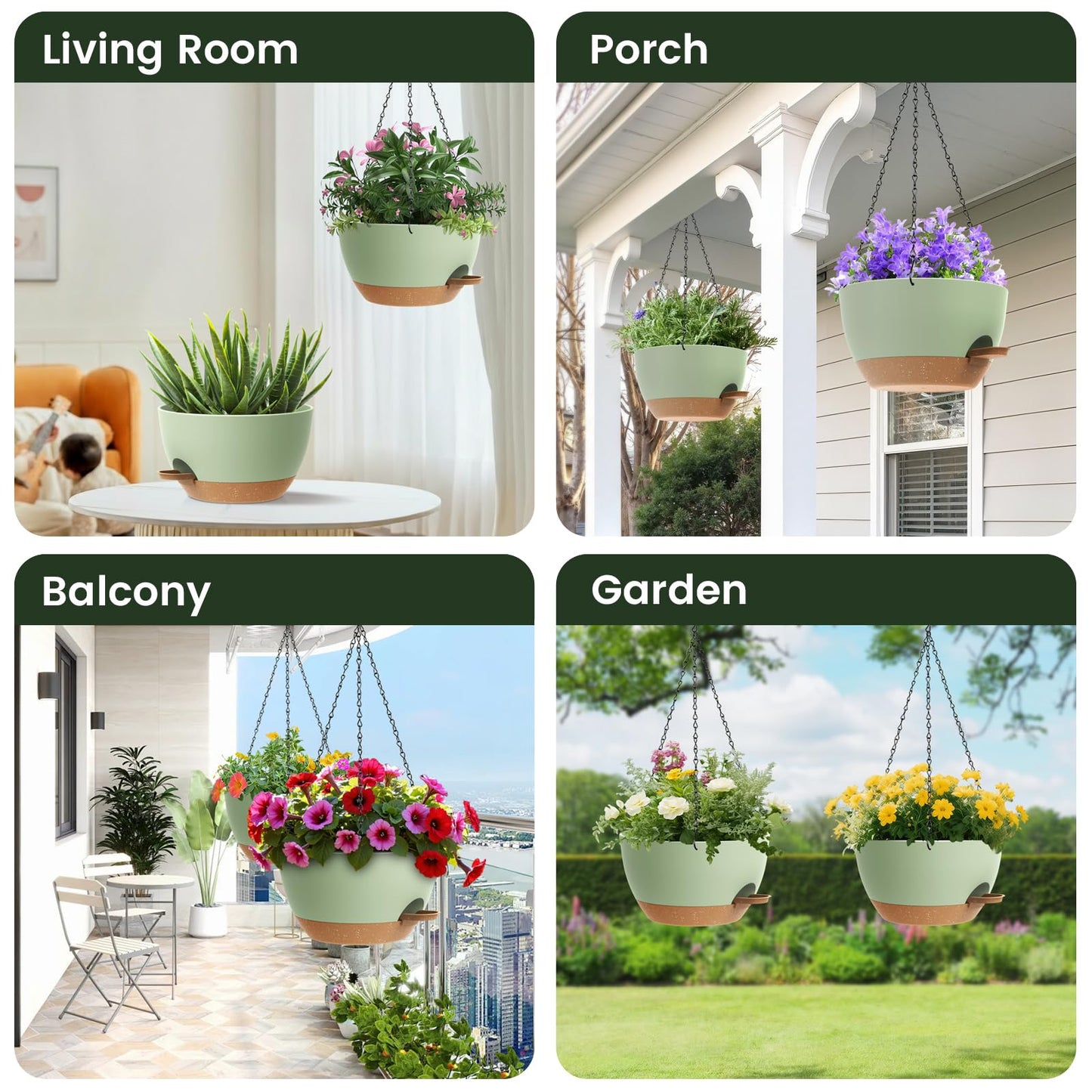 2 Pack 12 Hanging Flower Pots with Chains Self Watering Plastic Planters for Indoor Outdoor Plants, Sturdy Triangular Iron Chain Design for Garden PorchPlastic hanging flower pots (2, Green Brown)