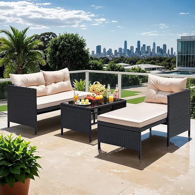 Devoko Outdoor Patio Furniture 3-Piece Rattan Waterproof Outdoor Sectional Sofa