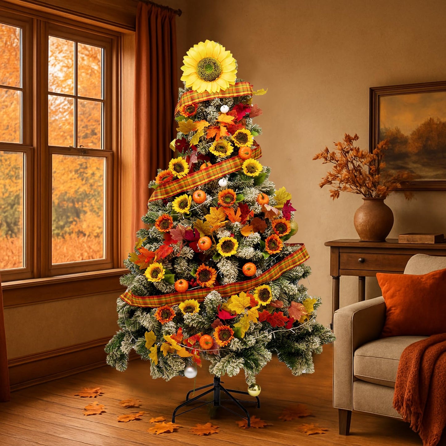 39 Pcs Fall Maple Leaf Sunflower Tree Decoration Set Leaf Garlands 2.5 Inch × 9.8 Yd Orange Harvest Ribbon Sunflower Pumpkin Thanksgiving Hanging Decor for Fall Autumn Thanksgiving Tree ﻿