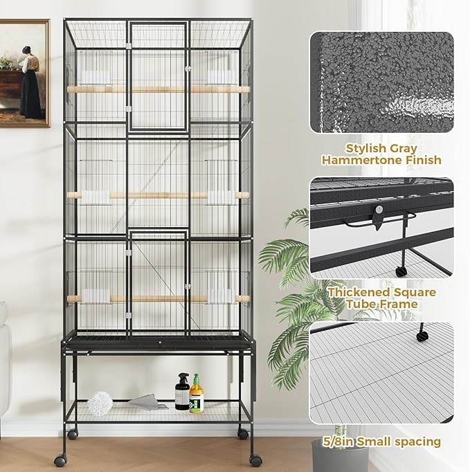 Extra Large Bird Cage, 69'' Metal Parrot Flight Cage with Storage Shelf & Pull-Out Tray for Mid-Sized Parrots Parakeets, Canaries, Finches, Cockatiels, Lovebirds