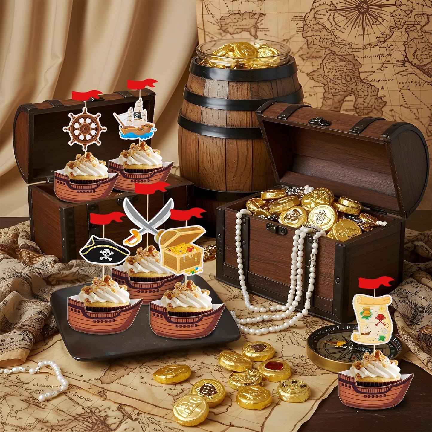 108 PCS Pirate Cupcake Toppers Pirate Ship Cake Borders Nautical Sailing Theme Cake Picks Skull Cap Halloween Party Decorations for Kids Birthday Baby Shower Decor Supplies