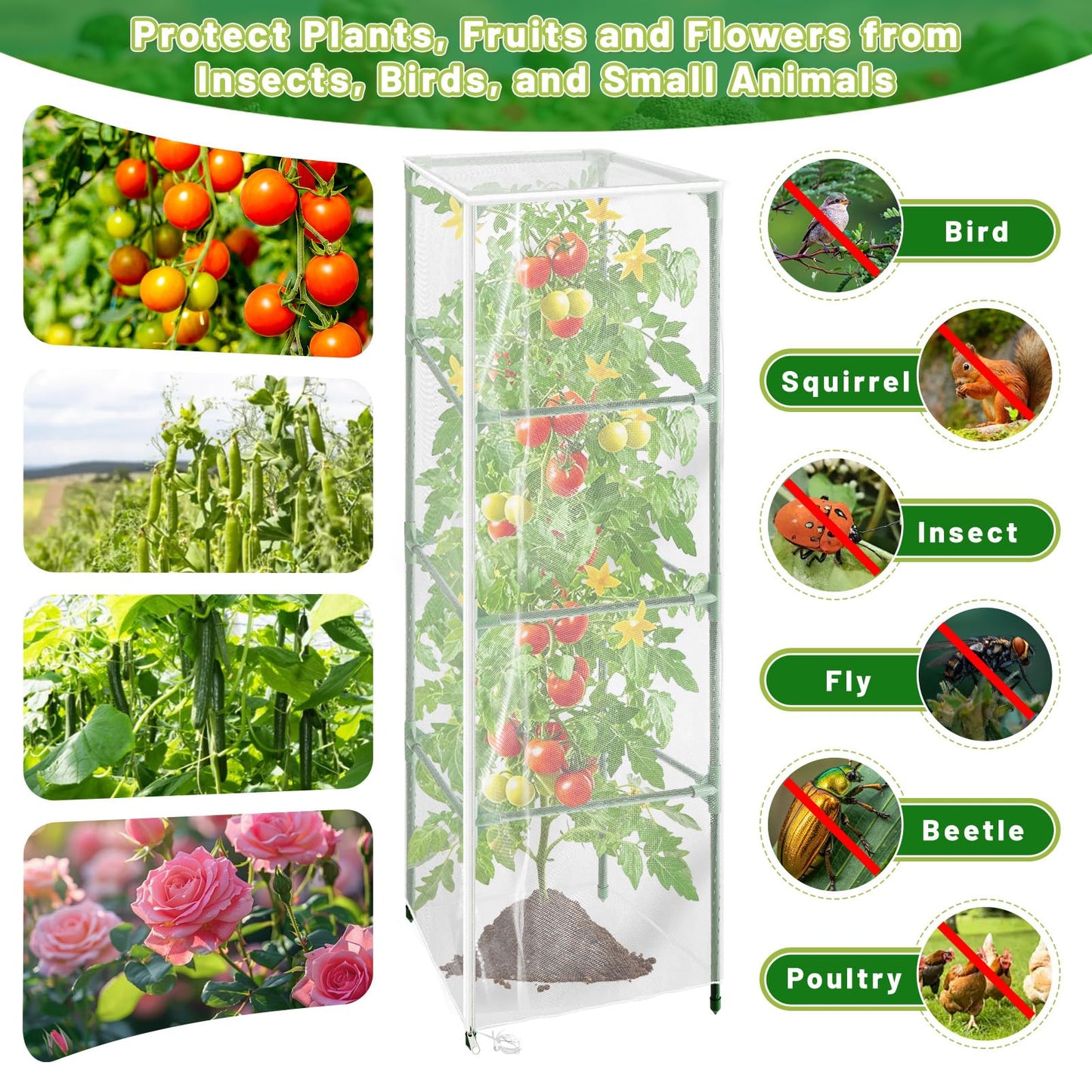 Cyrico Bird Netting Plant Cover for Tomato Cage, 3 Pcs Garden Mesh Cover with Zipper and Drawstring, Insect, Bird & Small Animal Protection Net for Vegetables, Fruits and Flowers, 59" x 17.7"