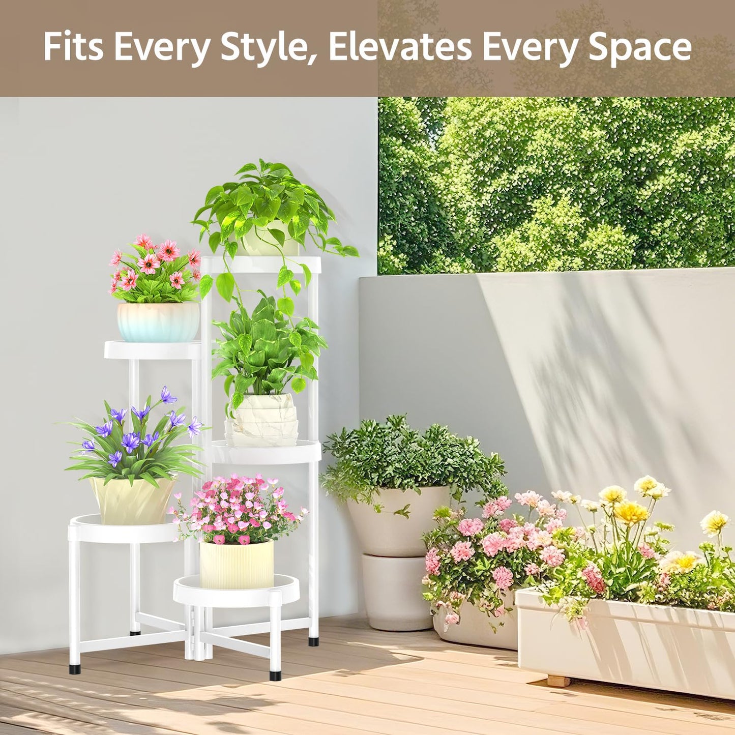 LASZOLA 5 Tiered Plant Stand Indoor Outdoor with Plastic Tray, Corner Folding Tall Flower Display Rack, Modern Plant Holder Shelf for Outdoor Patio Porch Garden Office Living Room, White
