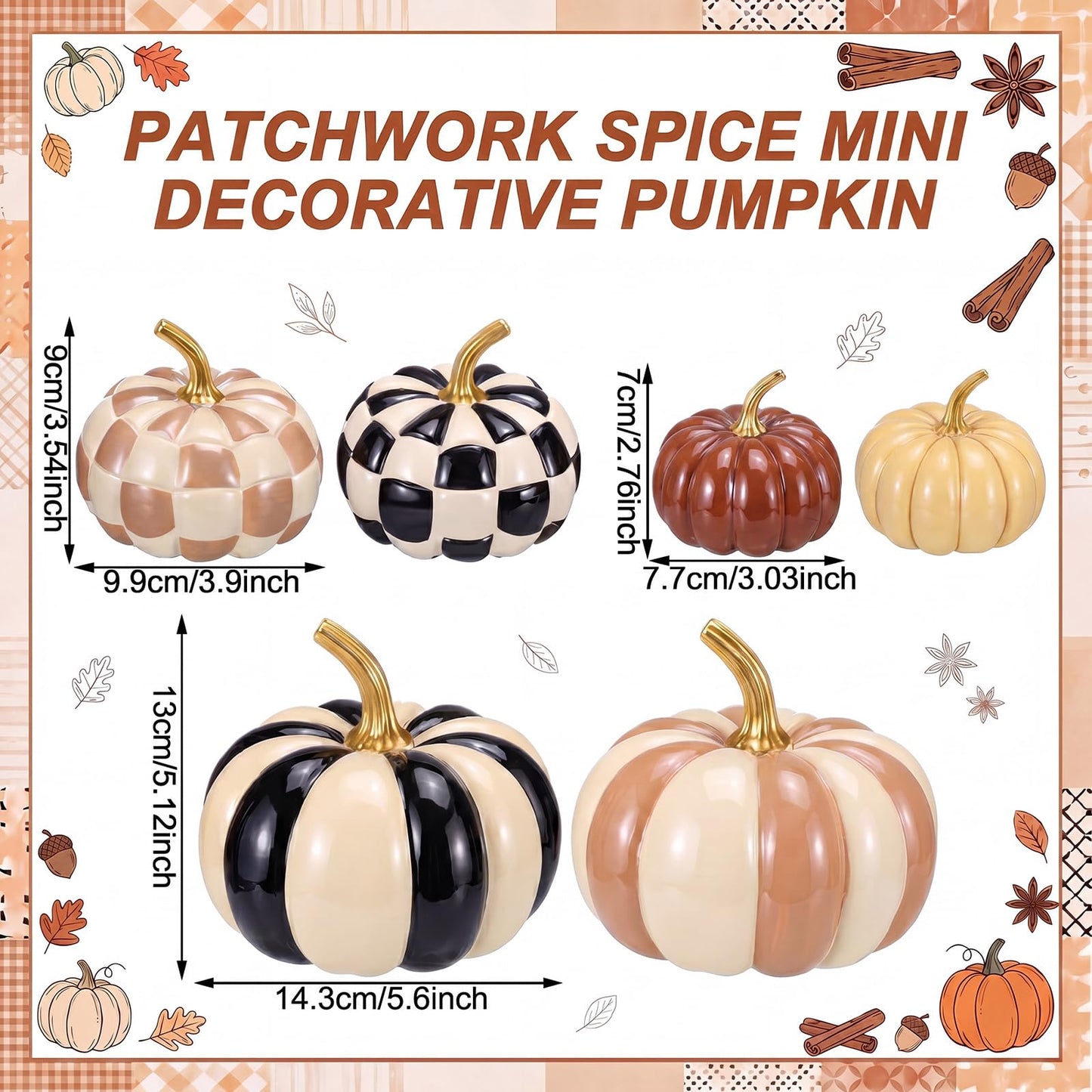 Pinkunn 6 Pcs Halloween Black and White Pumpkins Fall Decor White and Brown Yellow Checkered Striped Resin Pumpkin Decoration for Thanksgiving Autumn Farmhouse Porch Decorations Table Centerpieces