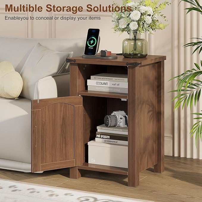 Farmhouse Nightstand with Charging Station, End Table with USB/Type-C Ports and