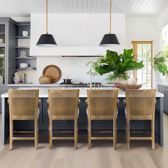 Madison Park Bar Stool with Rattan Back, Wood Counter Height Barstools