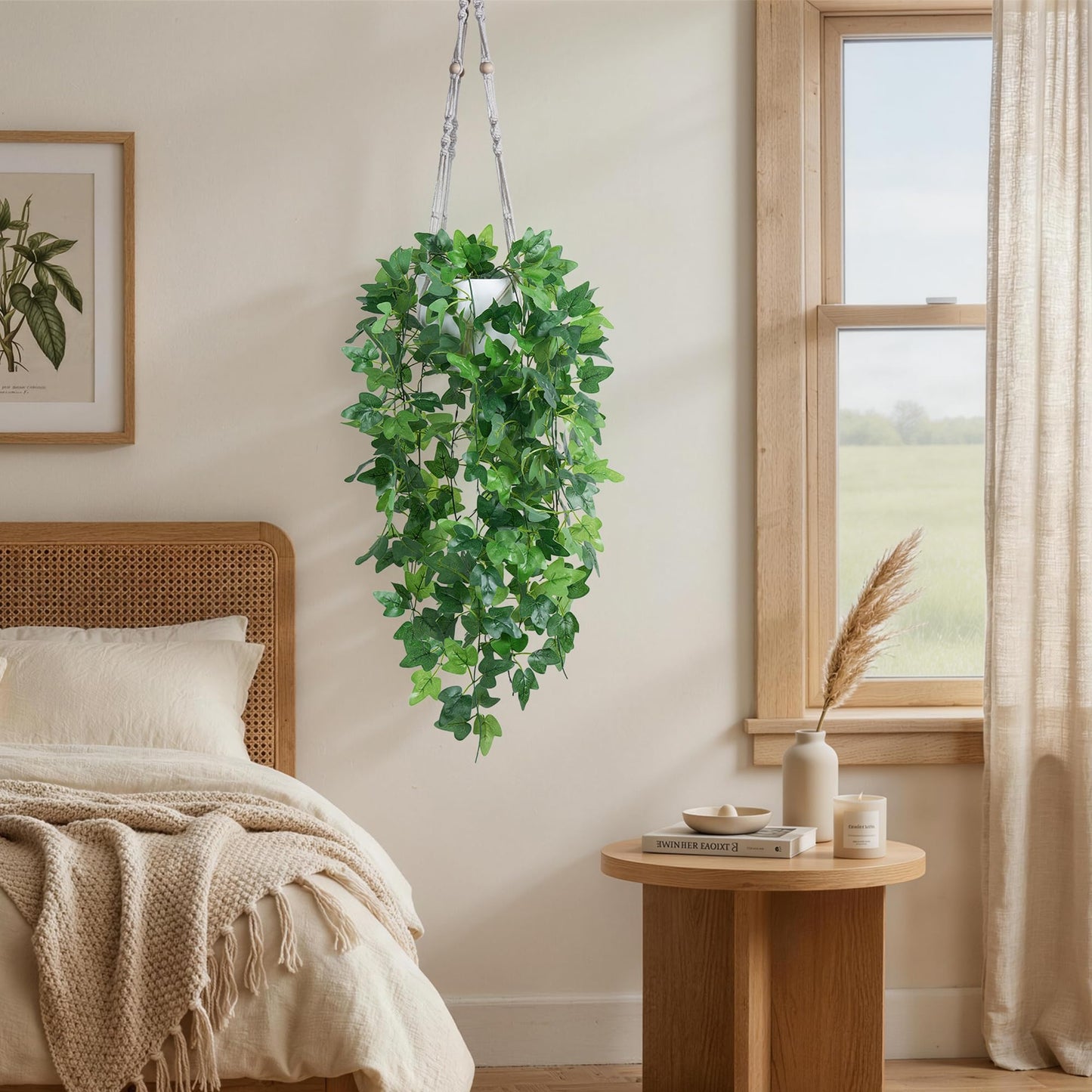 DREAMLOOM 2 Packs Fake Hanging Plants with Pots, Artificial Ivy Hanging Plants with Macrame Hanger for Indoor Decor, Fake Hanging Vines Faux Greenery for Home Kitchen Office
