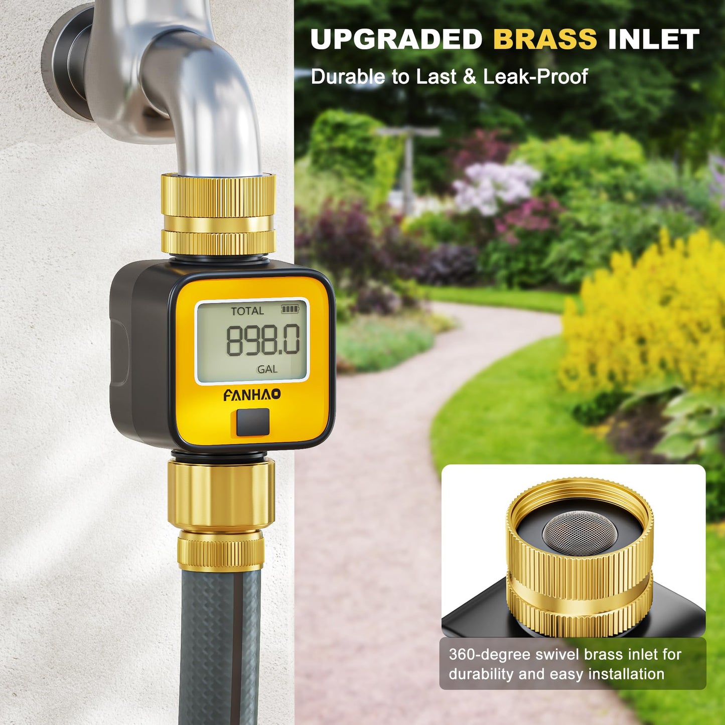 FANHAO 2 Pack Water Flow Meter with Brass Inlet Metal Thread, Measure Gallon/Liter Consumption and Flow Rate, High Accuracy & IPX6 Waterproof for Outdoor Garden Hose Watering, RV Water Tank Filling