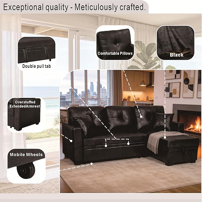 L Shaped Sectional Couch with Storage and Pull Out Bed, 3 Seater Sleeper Sofas