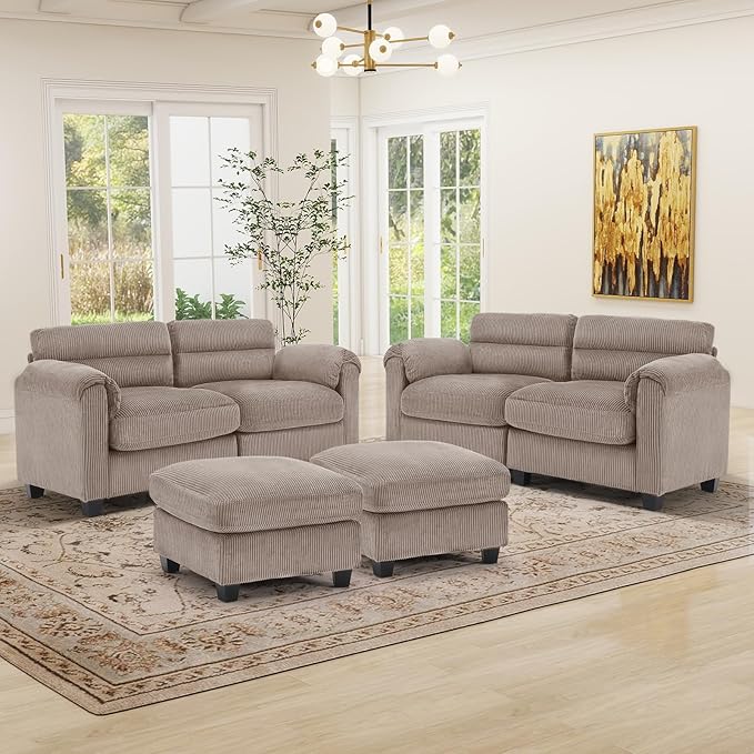 HAOMARKETS Corduroy 4-Piece Sofa Set, Upholstered Ottoman Set of 2 and 2